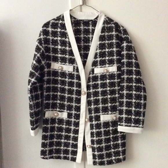 SHEIN Button Front Black and White Tweed Jacket, Size XS - Picture 1 of 4